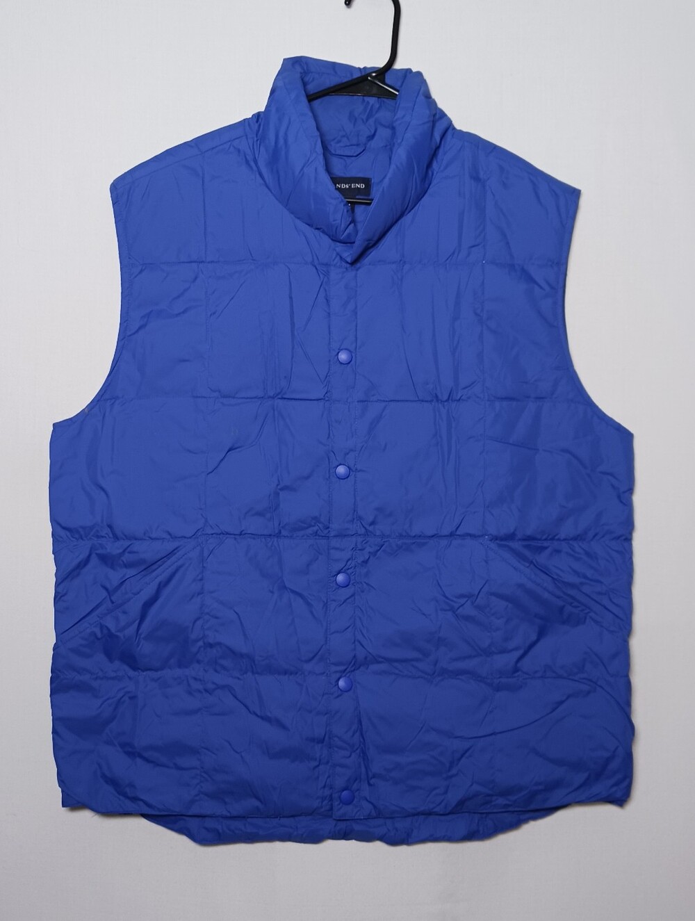 Lands End Mens Goose Down Quilted Puffer Vest Jacket Blue Nylon Full Snaps